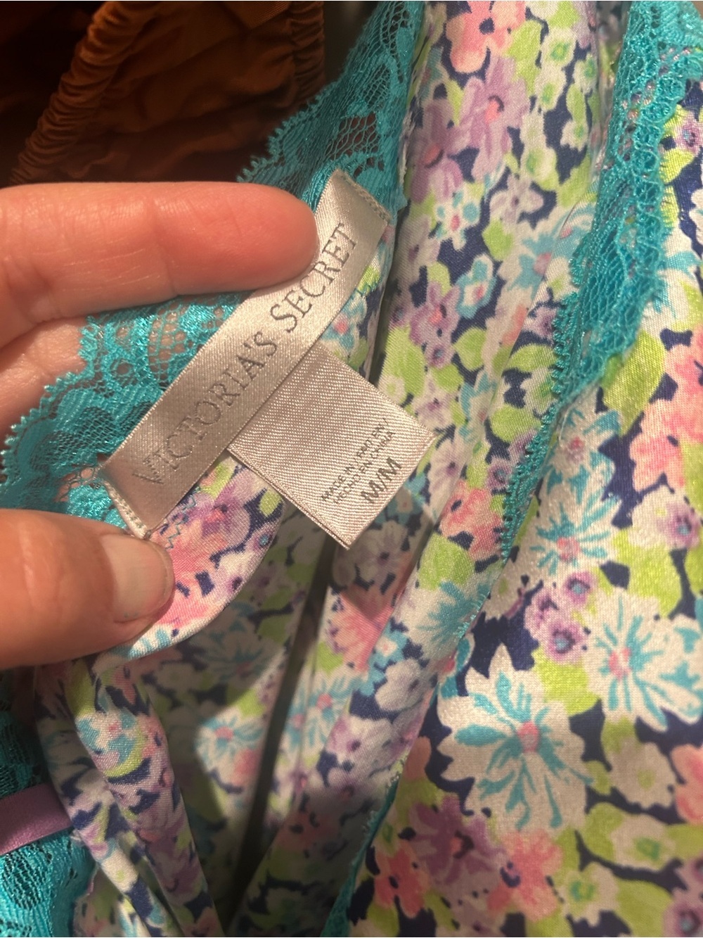 Victoria's Secret Teal-Trim Pastel Floral Satin Chemise - Picture 4 of 11